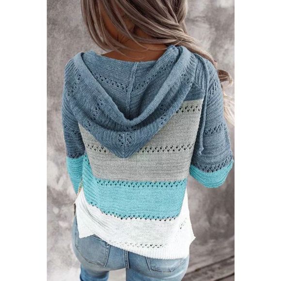 Sky Blue Combo Block Knit Hoodie - Picture 3 of 9